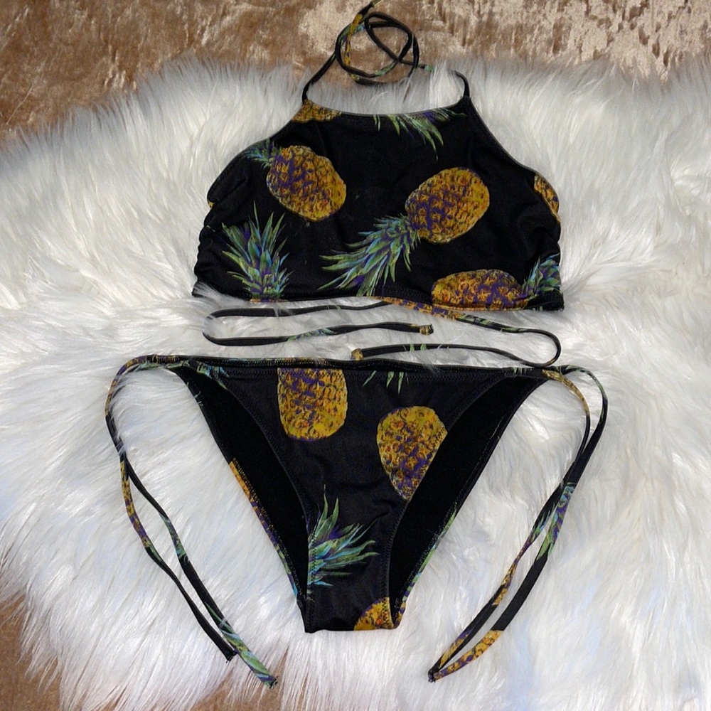 Black Pineapple String Bikini With Halter Top - image 1